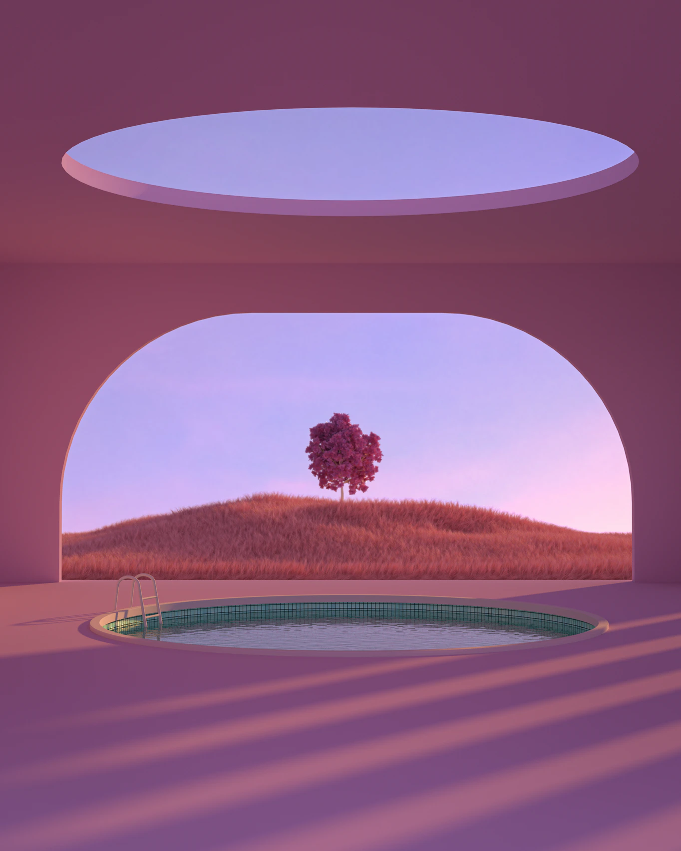 A swimming pool in a room. Through a large opening in the wall behind the pool is a hill with pink grass and a pink tree.