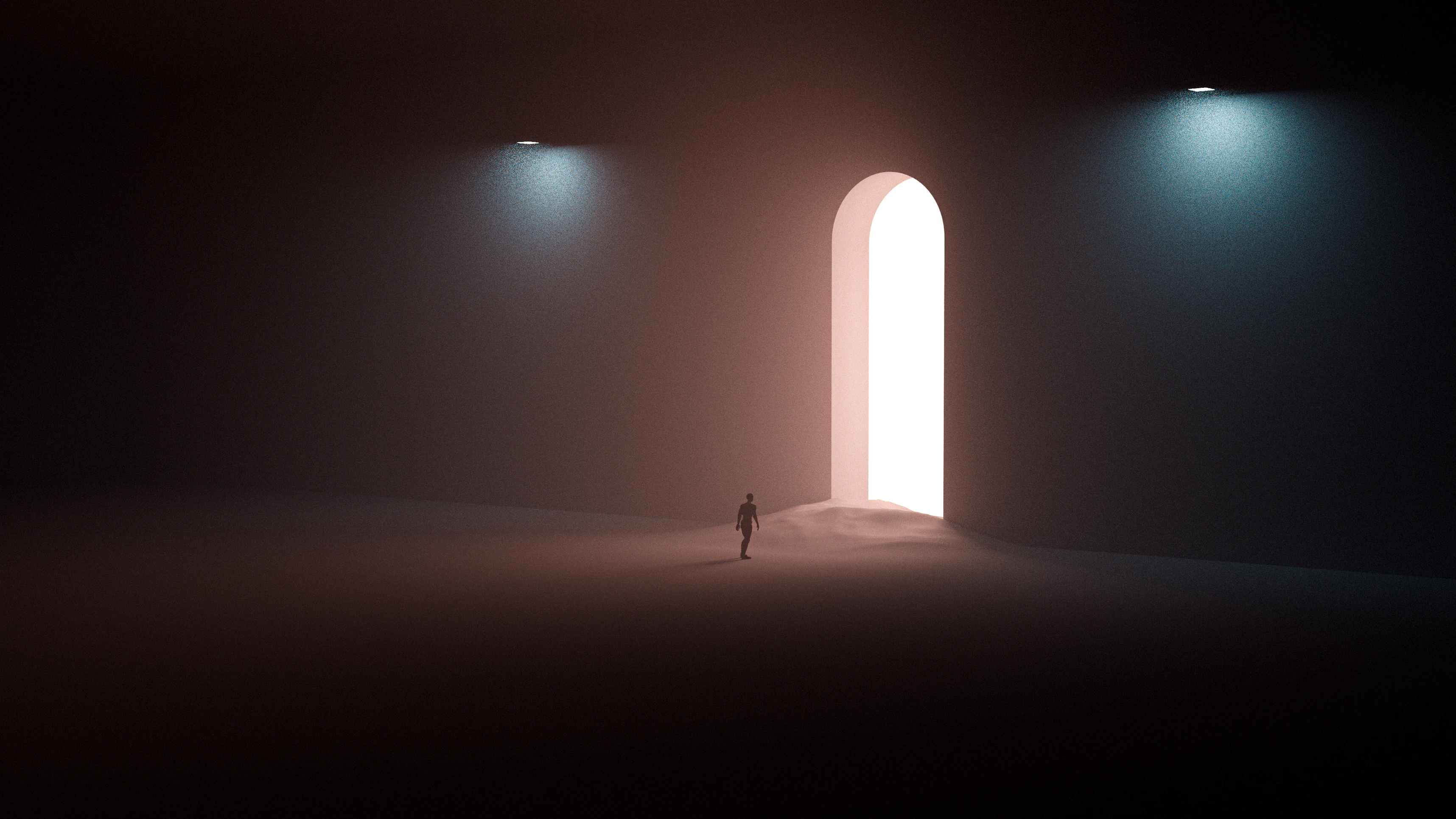 A man in a dark room is about to walk through a large portal in the wall.